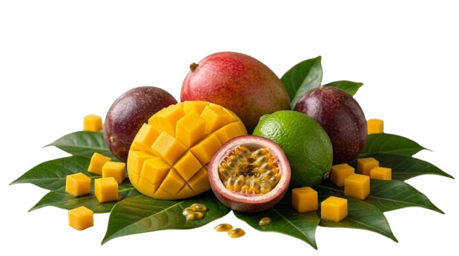 Tropical_fruits-boost-tropical-dembeni-badjini-comores Composition de fruits tropicaux : une mangue coupée, des fruits de la passion, un citron vert et des dés de mangue sur des feuilles vertes