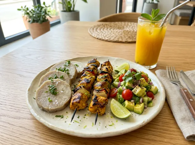 brochettes-poulet-accompagnements Brochettes de poulet grillées, rondelles de patate douce, salade d'avocat et tomates, et un verre de jus fruité orange