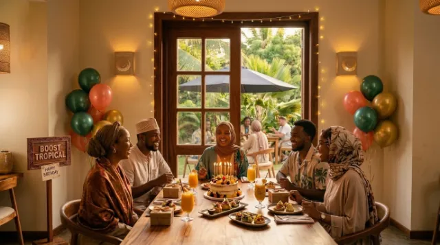 celebration-anniversaire-famille-tropicale Famille joyeuse célébrant un anniversaire autour d'une table garnie de gâteau et de boissons, avec des ballons et un cadre tropical.
