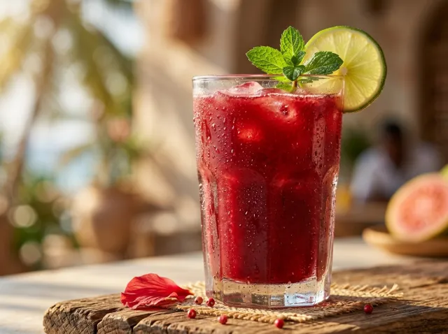 jus-de-goyave-frais-avec-menthe-et-citron vert Verre de jus de goyave rouge vif avec glaçons, décoré d'une tranche de citron vert et de feuilles de menthe. Une feuille de fleur rouge est posée à côté.