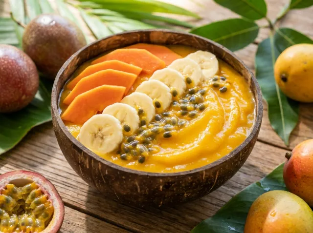 smoothie-bol-coprah-fruits-exotiques Bol de smoothie aux fruits exotiques, garni de tranches de banane, de papaye et de fruits de la passion.