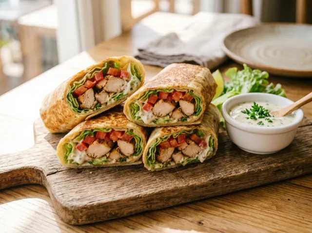wraps-poulet-tomate-salade Wraps coupés en deux montrant du poulet grillé, de la laitue croquante, des dés de tomate et une sauce crémeuse, servis sur une planche à découper en bois avec une sauce à part.