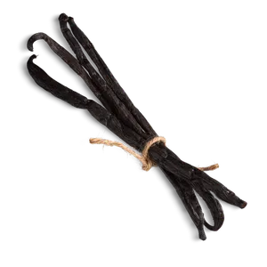 gousses-vanille-liees Plusieurs gousses de vanille séchées liées ensemble avec une ficelle rustique sur fond noir.